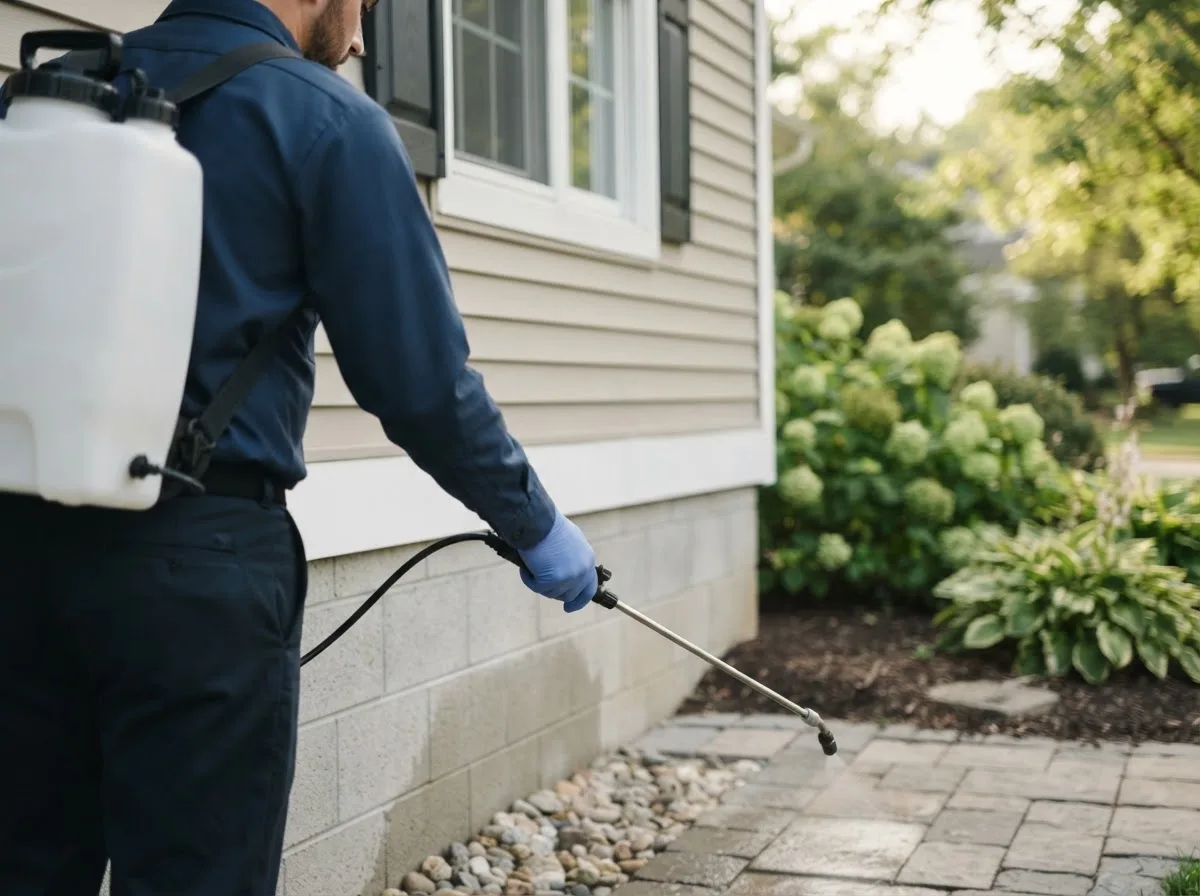 Pest control technician inspecting a home in Florahome, FL